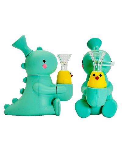 Dino with Duckie Silicone Waterpipe - Green (6 pc minimum order)